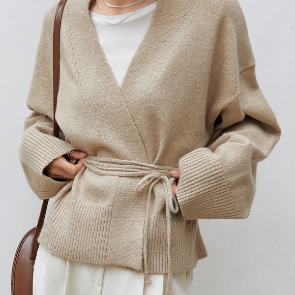 Brand new Drop Shoulder Belted Cardigan Apricot - Picture 3 of 8